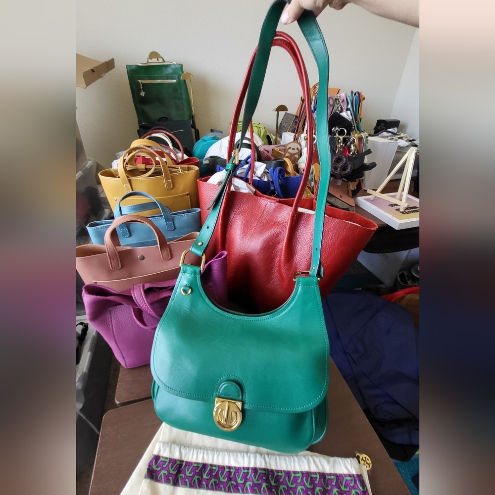 Tory Burch James Saddle Bag In Green Leather Vintage Heritage Saddalrina - Picture 3 of 11